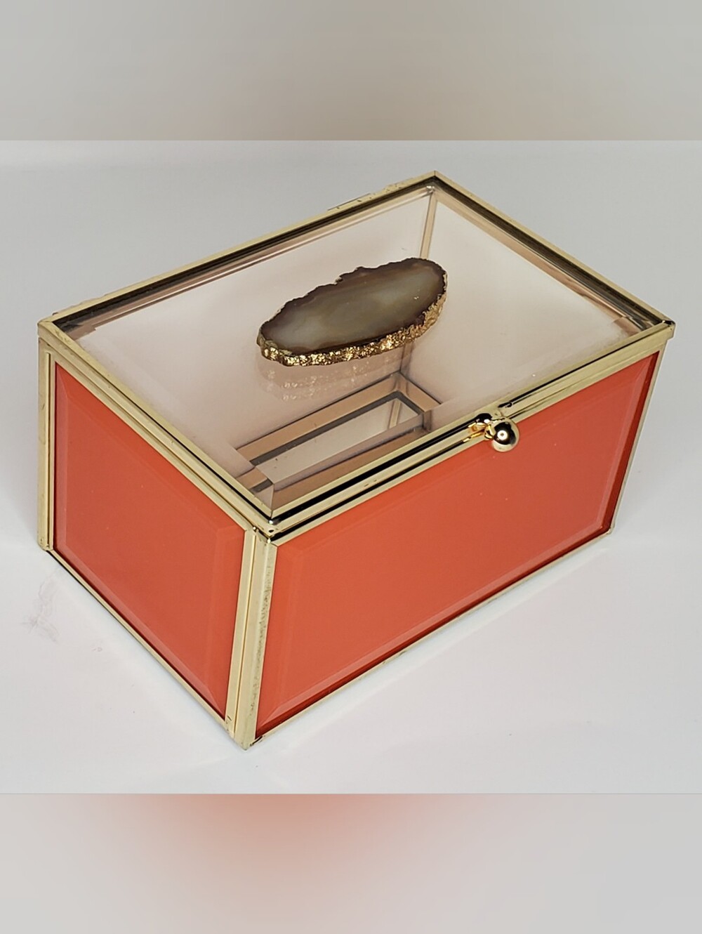 Vintage 1970's Orange Metal, Beveled Glas Trinket Box With Agate Top